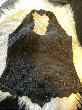 Tadashi Shoji Black Beaded Halter Camisole Top